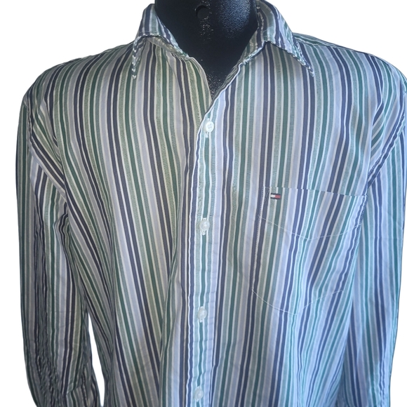 Tommy Hilfiger Blue, Green and White Striped Button Up Shirt M - Picture 2 of 4